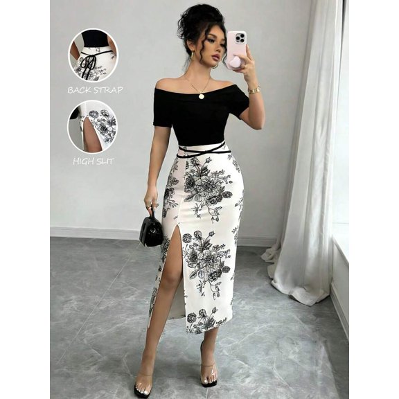 Multicolor Floral Print Off-Shoulder Side Slit Midi Dress For Women