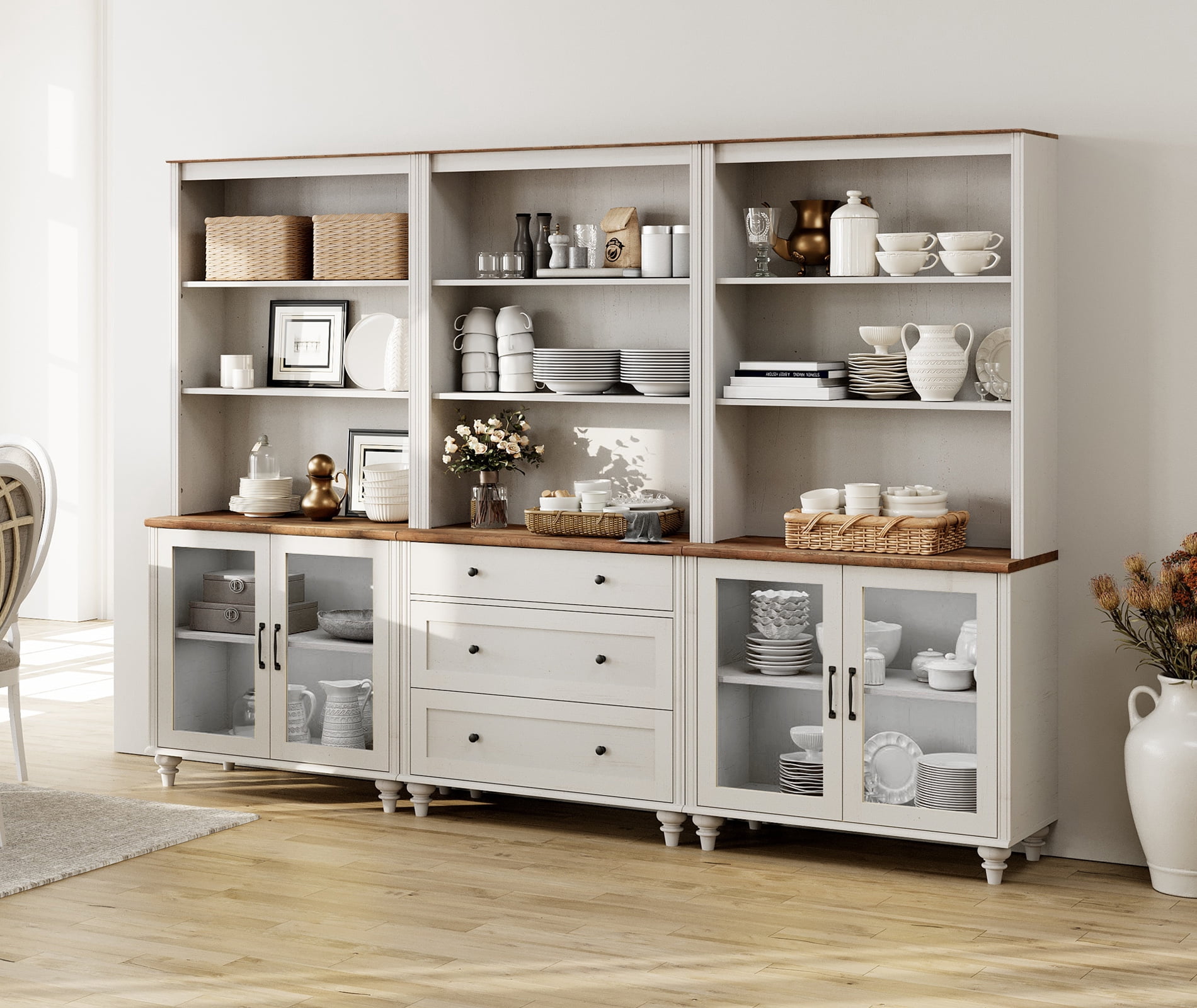 Farmhouse White Sideboard Credenza 72" Tall with 5-Tier Storage, Adjustable Shelves and Glass Door Storage Cabinet for Living Room, Study & Bedroom
