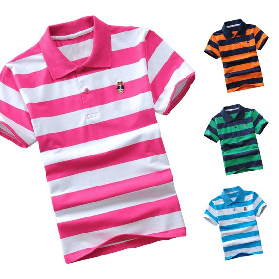 HCYSFG Boys Striped Polo Tees Notch Neck Short Sleeve Button Placket Classic Preppy School Tops School Uniform Casual Golf Tees