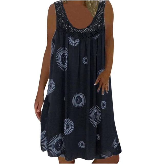 JUNWELL Été Dégagement Femmes Robes Femmes Été Robe Vintage en Vrac V-Cou Imprimé Débardeur Sans Manches Robe Midi
