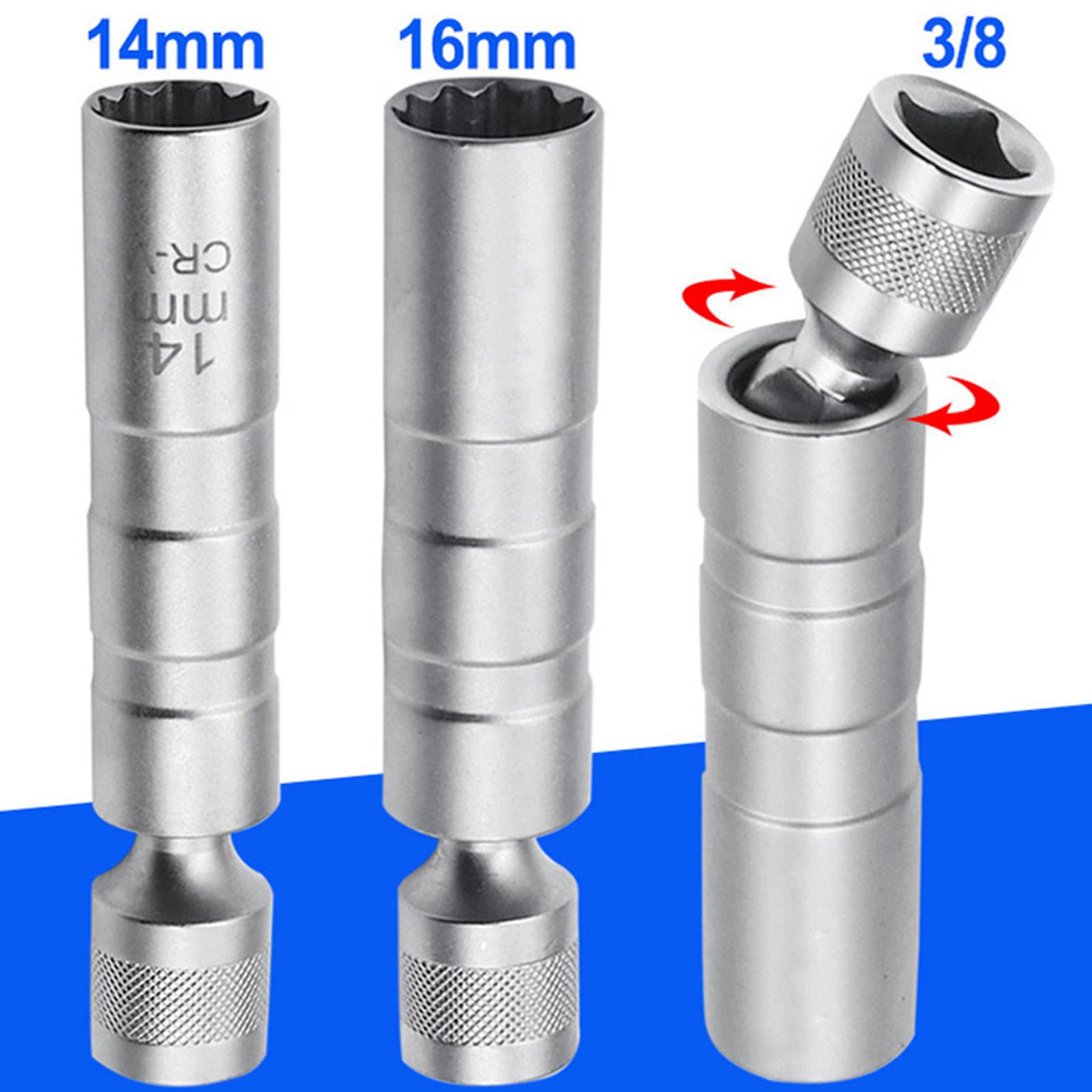 2-Piece 14mm & 16mm Thin Wall Magnetic Swivel Spark Plug Socket Set - 12-Point, 3/8" Drive