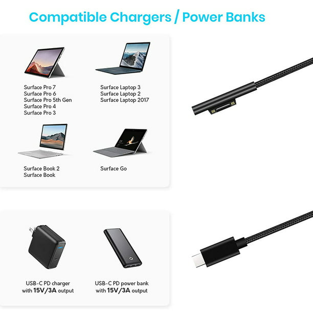 Nylon Braided Surface Connect to USB-C Charging PD 15V for Surface Pro Go - Walmart.com