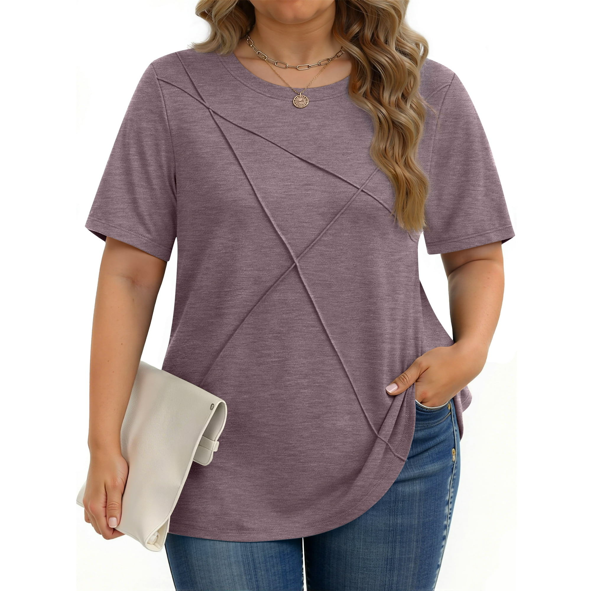 Fantaslook Women Plus Size Tops Pleated Crewneck Short Sleeve Shirts Casual Summer Tops
