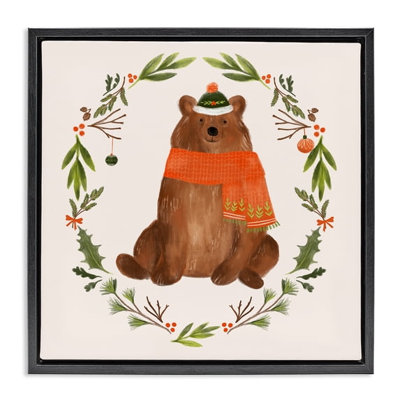 Stupell Industries Traditional Holiday Bear Wreaf Black Floating Frame Canvas Art, 18 x 18, by Laura Konyndyk