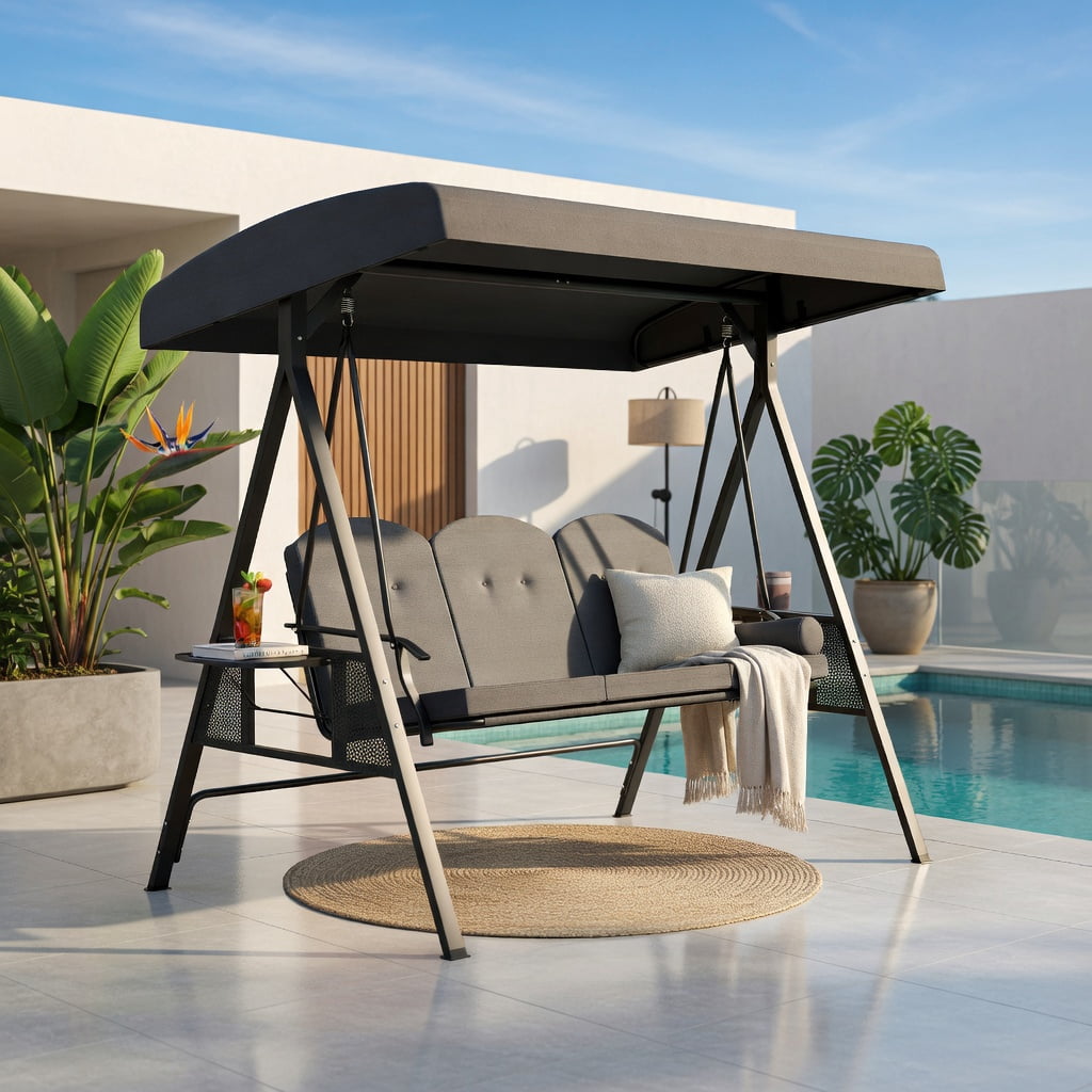 Hommoo 3-Person Outdoor Patio Swing Chair with Adjustable 60° Canopy, Thick Cushions, Foldable Side Trays & Heavy-Duty Steel Frame, Gray