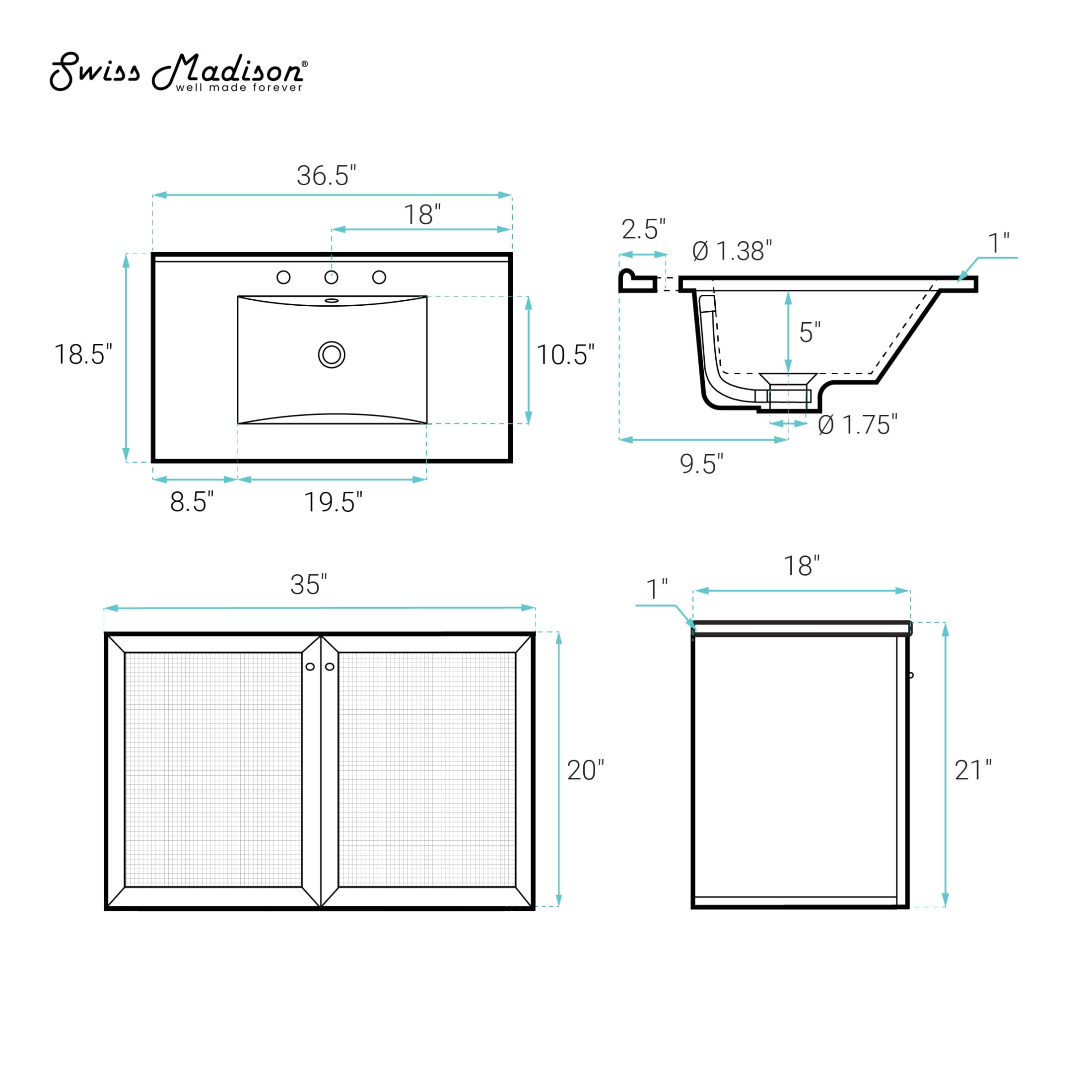 Classe 36" Wall-Mounted Bathroom Vanity in Natural Oak with Widespread Faucet Holes Vanity Top