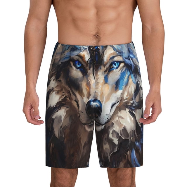Balery Vintage Blue Floral Wolf Pantalones cortos de pijama de punto de algodón para hombre con cinturilla y bolsillos-3X-Large