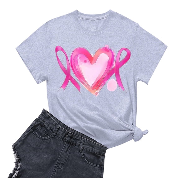 Sexlip Women's Heart Ribbon Print Short Sleeve T Shirt Stylish Design Soft Fabric Daily Casual Wear Gray XXXL