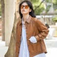 thumbnail image 3 of Chaqueta de cuero genuino casual para mujer, tendencia primavera otoño 2024, abrigo de motociclista de piel de oveja auténtica de color sólido con un solo pecho, 3 of 5