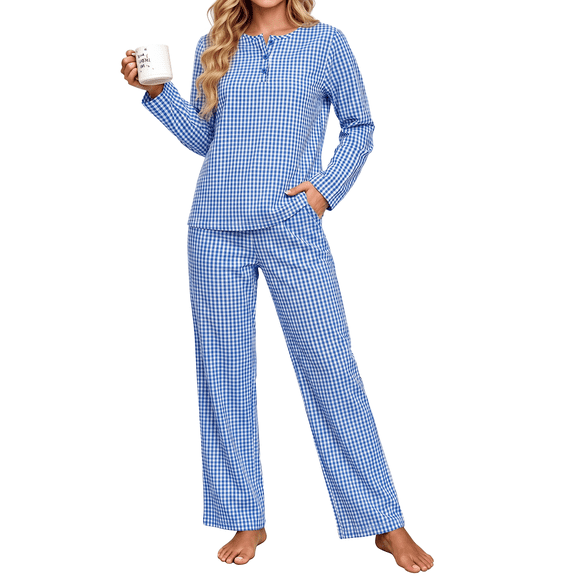 UVN Fall Cotton Two Piece Pajamas for Women Plaid Henley Collar Long Sleeve Top and Wide Leg Pant Ladies Sleepwear Casual Lounge Sets