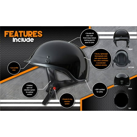 FUEL Adult Motorcycle Half Helmet, Dot Approved, Gloss Black, Medium