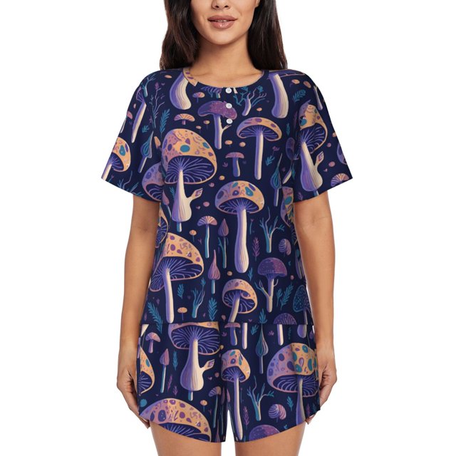 Balery Floral Hippie Mushrooms Conjunto de Pijama para Mujer con Estampado, Dos Piezas de Manga Corta y Shorts, Ropa de Dormir Suave con Cuello Redondo y Bolsillos-Small