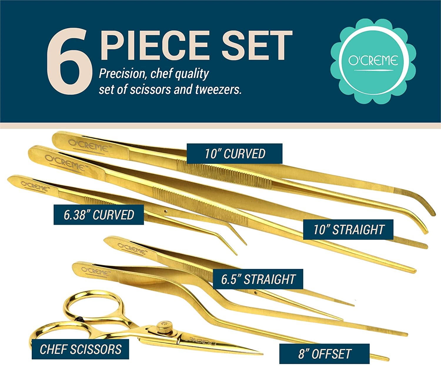 O'Creme Set of Culinary Tweezer Tongs Offset, Straight and Curved, Plus Super Sharp Chef Scissors, Total 6 Pieces Gold