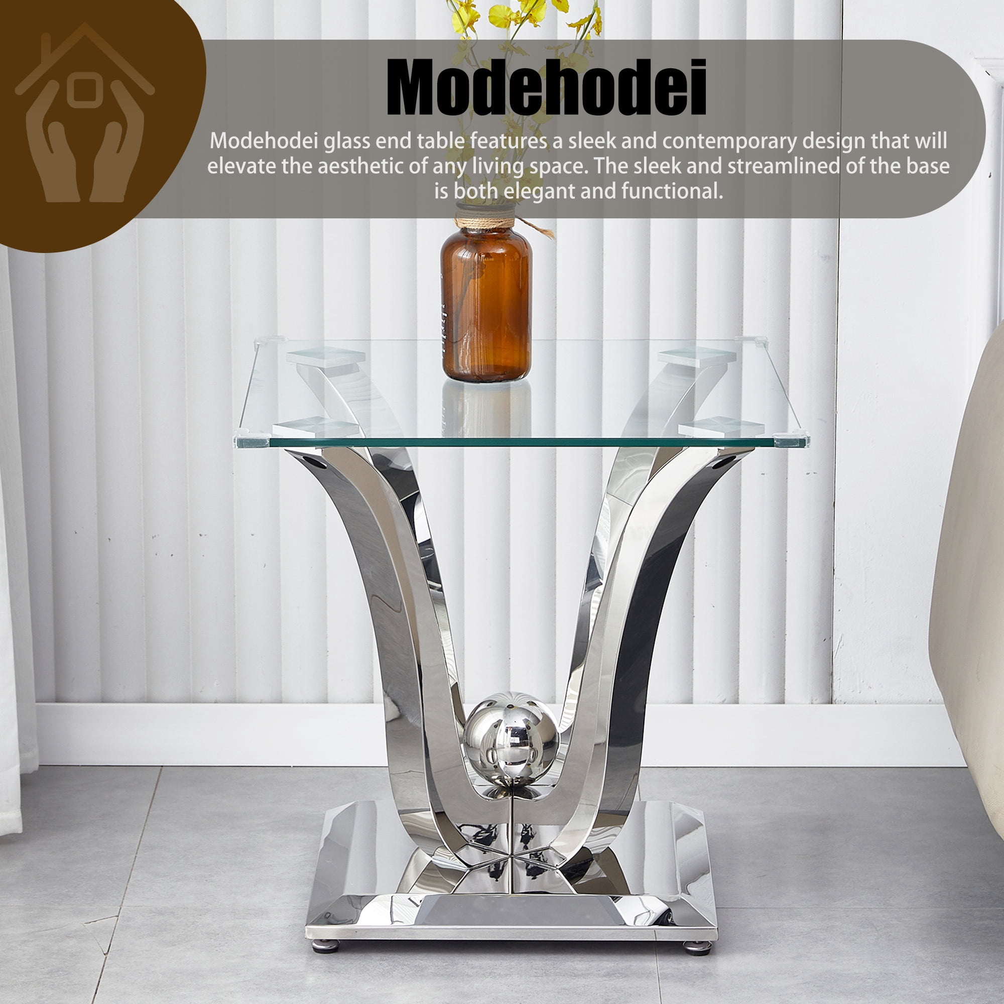 23.62" Square Glass End Table with Tempered Glass Top and Modern U-Shaped Stainless Steel Base, Perfect for Living Room and Bedroom