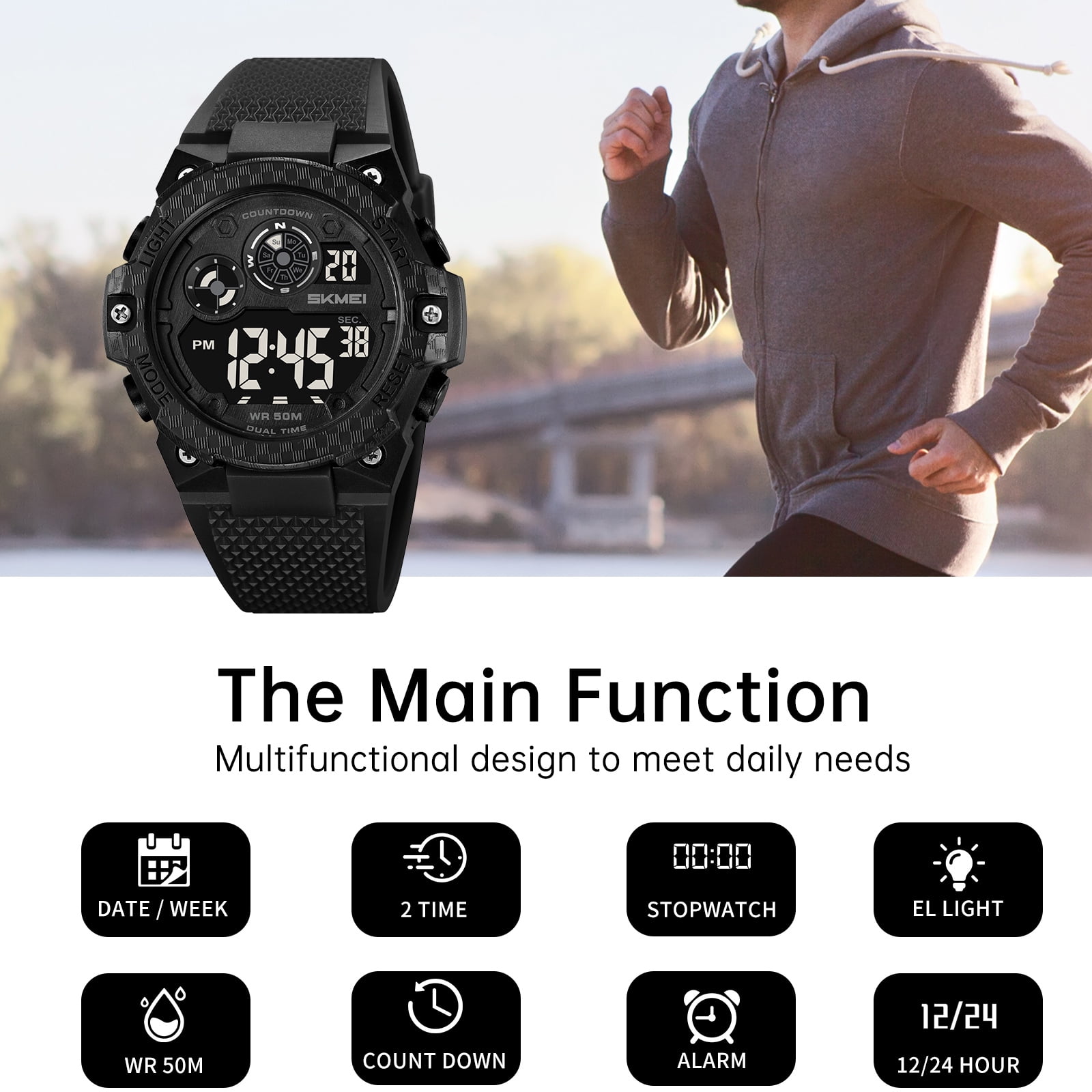 SKMEI Mens Military Multifunction Digital LED Watch 50m Waterproof Alarm Outdoors Sports Watch