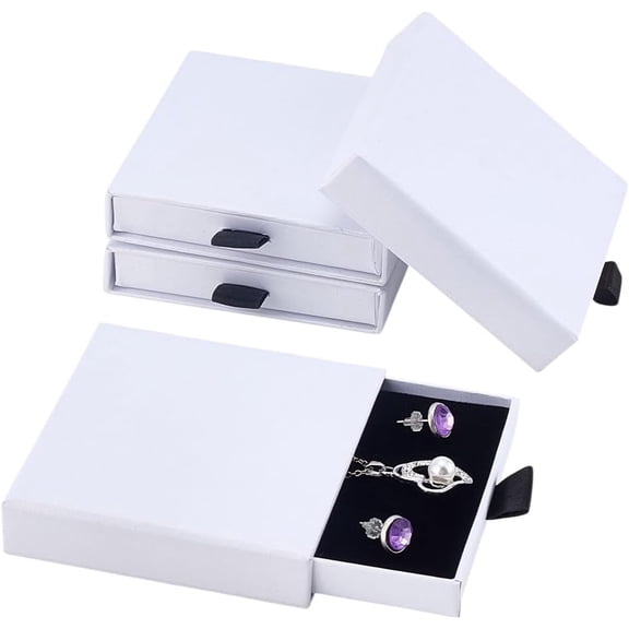 4 Pack Jewelry Gift Boxes Cardboard Jewelry Box 3.15x3.19x0.71 Inch White Square Drawer Boxes with Sponge Inside Display Organizers for Bracelets Earrings Necklaces Ring Gift Storage