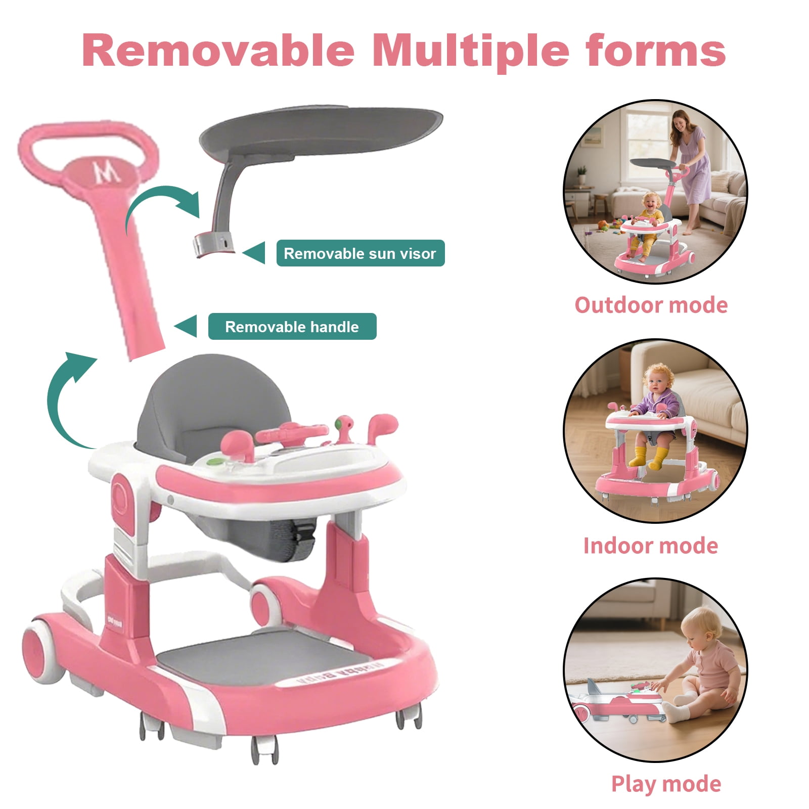 LUOLUO 5-in-1 Foldable Baby Walker with Foot Pads/Handles for Boys and Girls 6-24 Months,Height-Adjustable Push Walker, Pink