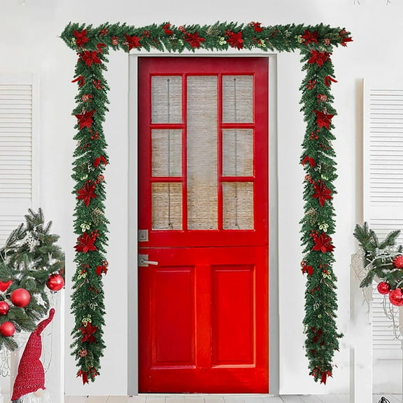 Zawou 2.7m Encrypted Rattan Pendant with Gold and Red Balls, Pre-Lit Christmas Garland for Indoor and Outdoor Holiday Decoration, Mantel, Door, and Window Display