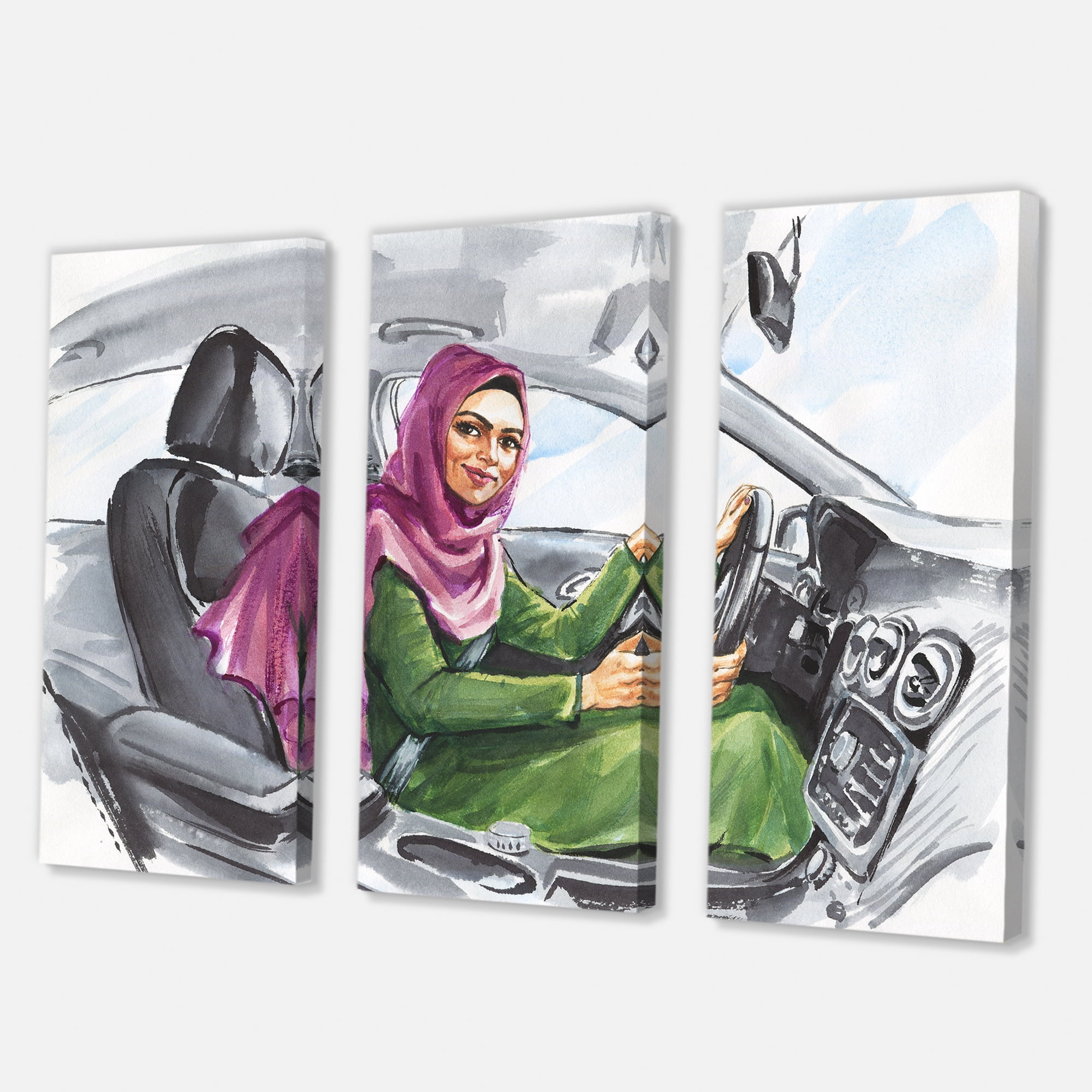 Arabian Lady Driving A Car II 28 in x 36 in Painting Canvas Art Print, by Designart