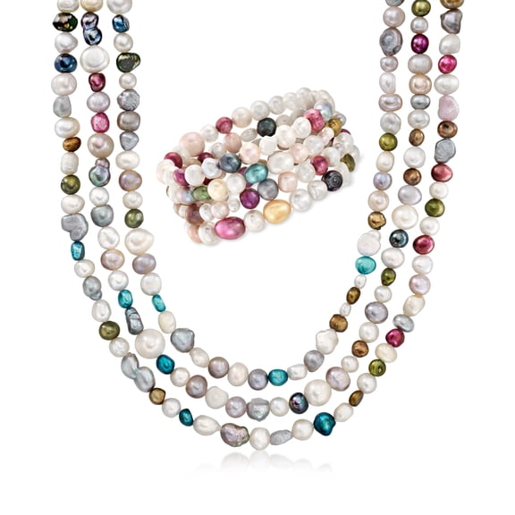 Ross-Simons 4-8mm Multicolored Cultured Pearl Jewelry Set: 4 Bracelets and Necklace, Women's, Adult