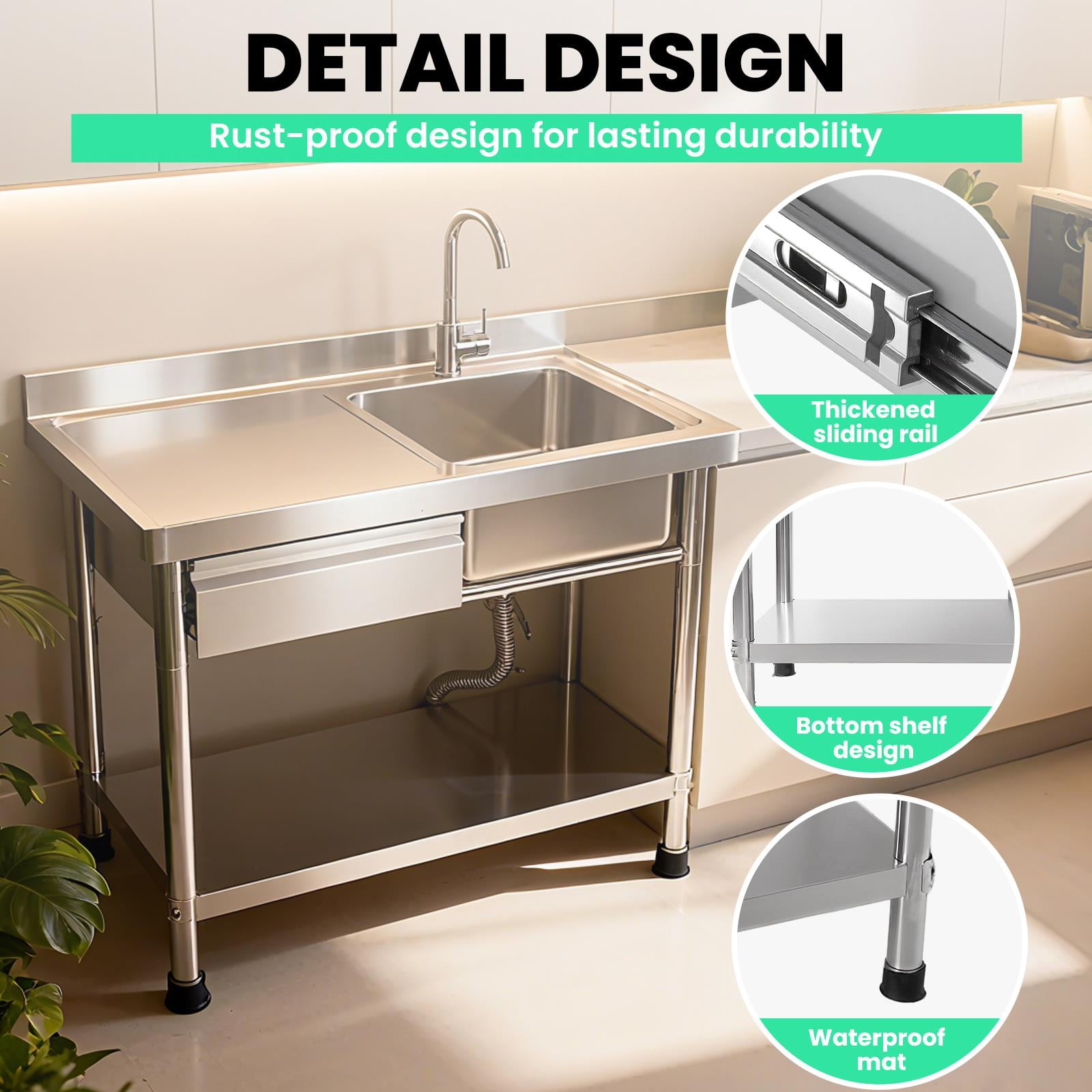 Stainless Steel Utility Sink, 40 Inch Free Standing Single Bowl Kitchen Sink with Drawer & Cold and Hot Water Pipe, Freestanding Single Bowl Laundry Sink for Outdoor & Workshop