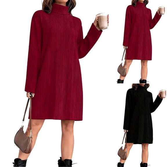 Women's Sweater Dress Knit Dress High Neck Long Sleeve Ribbed Loose Fit Warm Comfortable Winter Dress for Casual Loungewear,Black,L