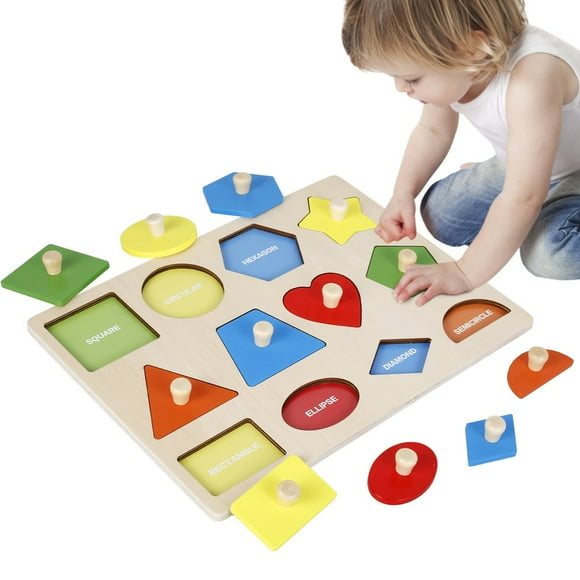 Montessori Shape Puzzle Geometric Shape Peg Puzzles Toy Wooden Knob Puzzle Peg Board Colourful Shape Match Blocks Toys Baby Early Educational Toy for Toddlers Home Classroom