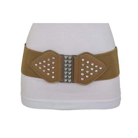 Women Wide Elastic Mocha Brown Fashion Belt Bow Buckle Size S M