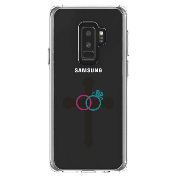 DistinctInk Clear Shockproof Hybrid Case for Samsung Galaxy S9  PLUS (6.2" Screen) - TPU Bumper Acrylic Back Tempered Glass Screen Protector - Wedding Rings Cross Jesus