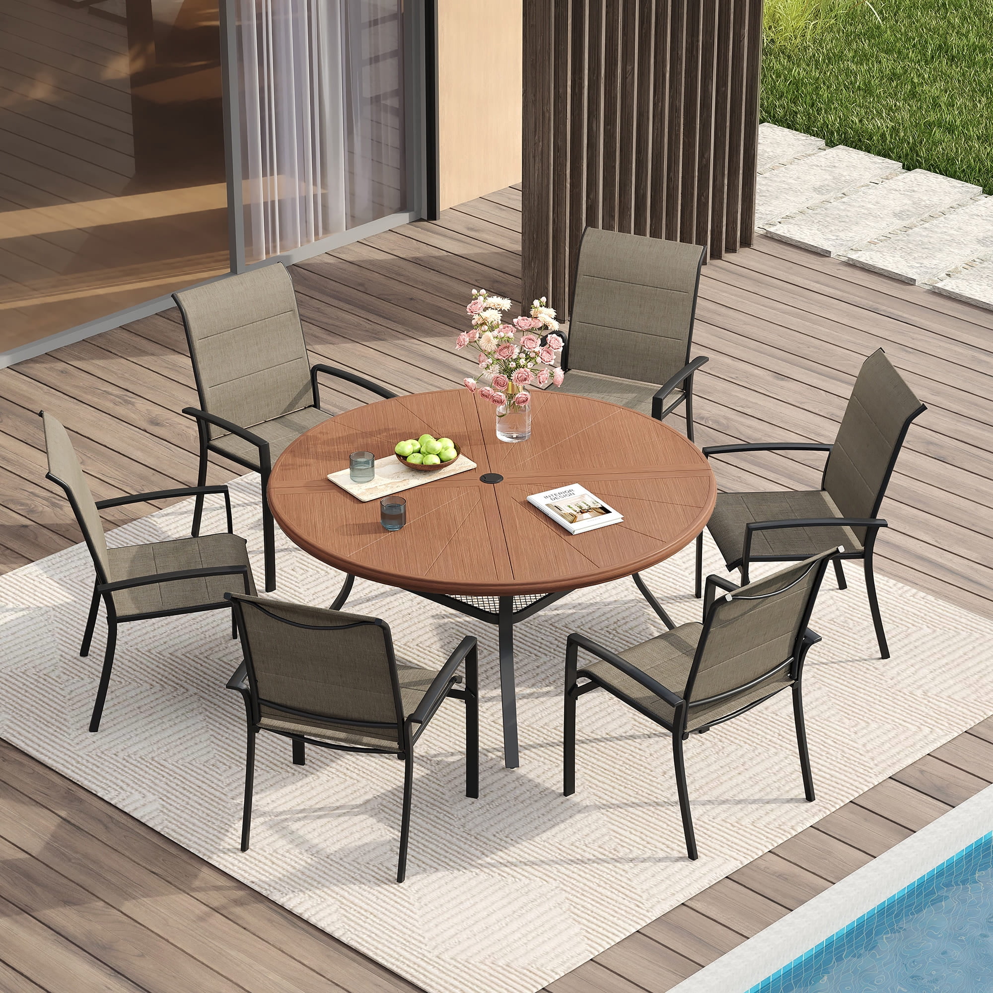 Vicllax Outdoor Patio Dining Chairs Stackable Padded Metal Frames with Textilene, Set of 6, Black