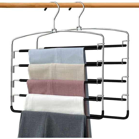Pants Hangers 2 Pack, Swing Arm Trousers Hanger, Space Saving Pants Rack, 5 Layers Jeans Hangers with Non-Slip, Multiple Pants Hanger Closet Organizer By Wattne for Trousers Scarves Ties