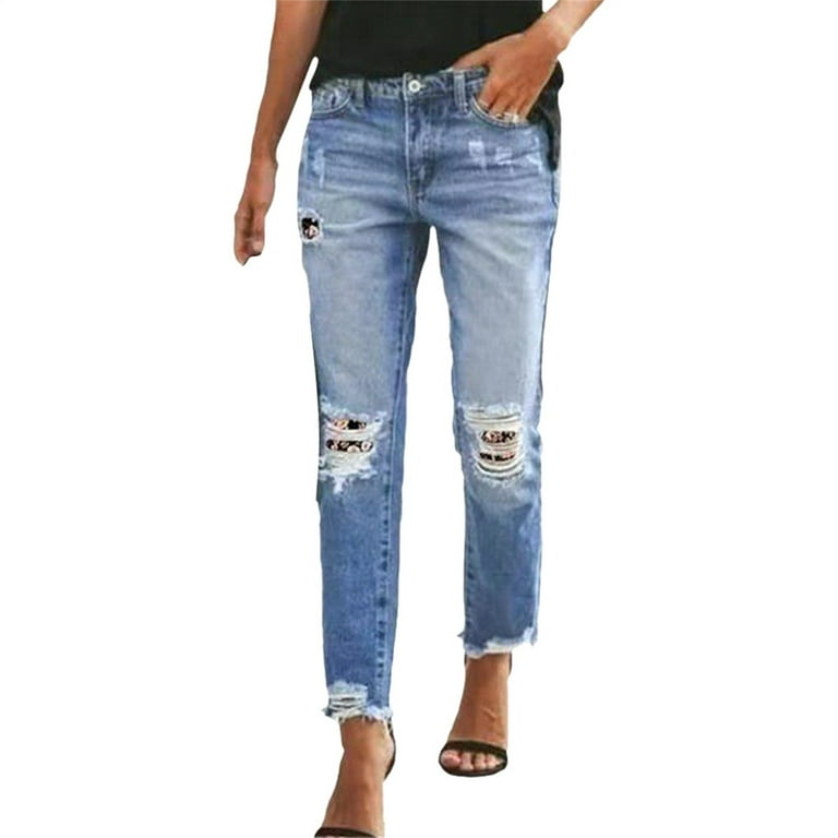 Up to 20 off Hontri Women s Jeans Sale Women Distressed Hem Washed Jeans Straight Leg Denim Pants