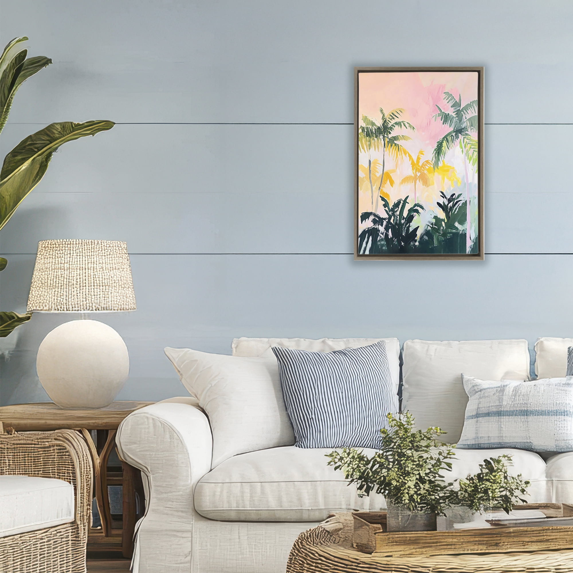 Stupell Industries Pastel Palms in Morning Glow Brown Framed Floater Canvas Wall Art, design by The Prints Vibe