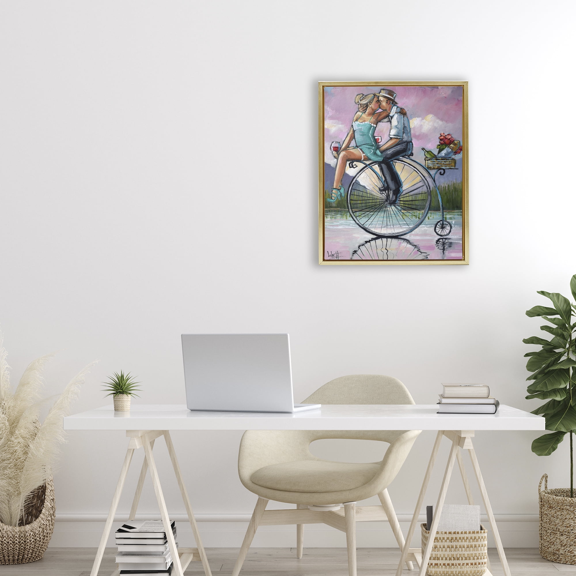 Stupell Industries Romantic Picnic on Bicycle Gold Framed Floater Canvas Wall Art, design by Ronald West