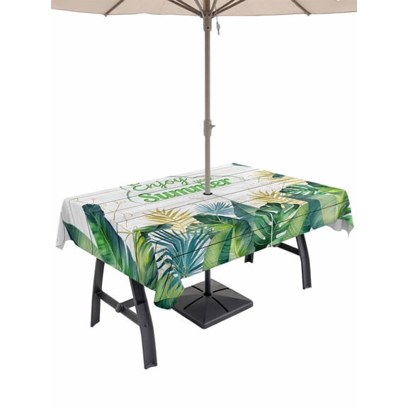 Outdoor Tablecloth with Umbrella Hole for Patio/Picnic/Party/Camping, Tropical Leaves Waterproof Table Cloth Rectangle Table Cover Washable, Monsteral Palm Leaves Summer Plants Wooden Gray (52"x 70")