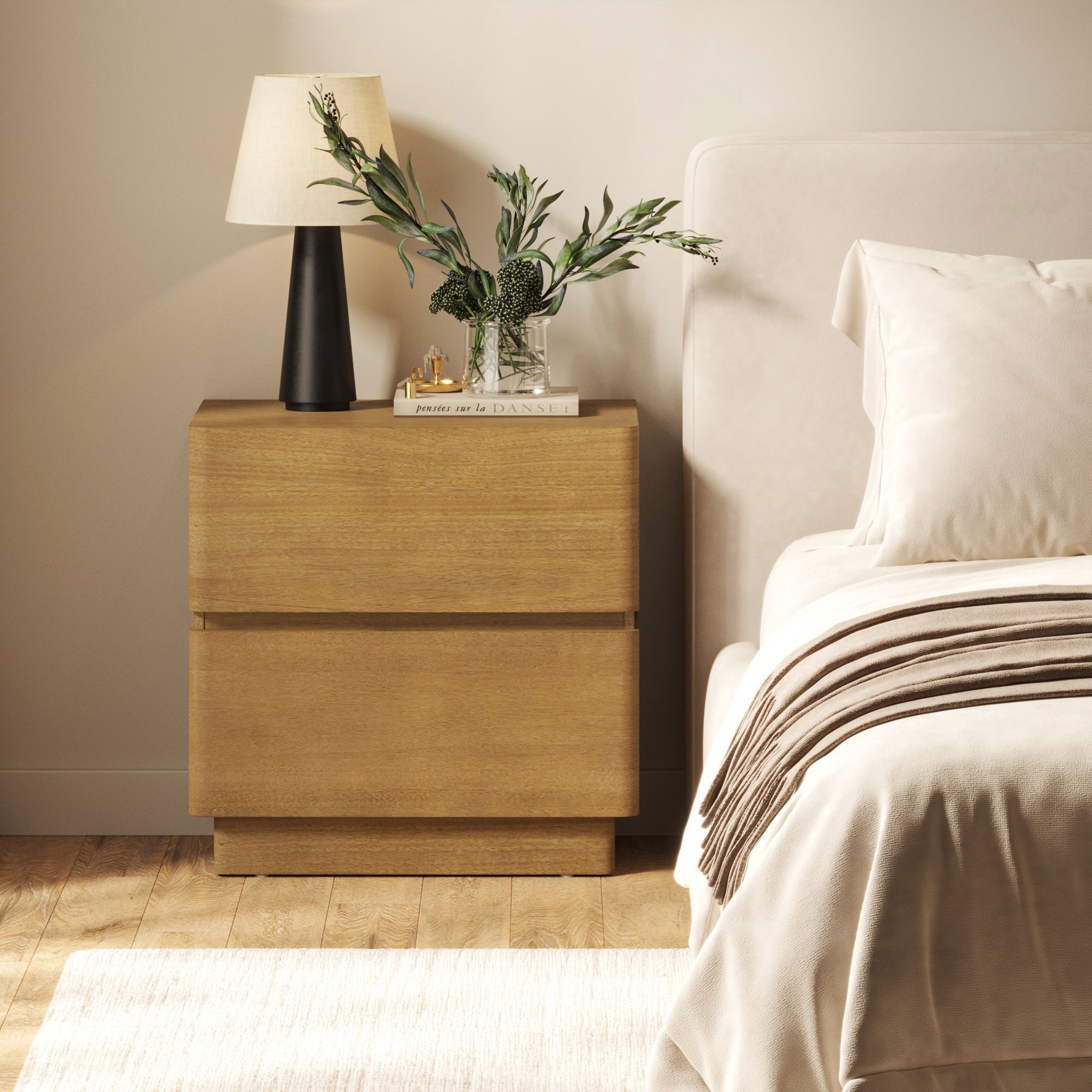 Nathan James Rivelle Modern Contemporary Nightstand with Drawer, Minimalist Solid Wood Bedside Table with 2 Drawers, Light Brown