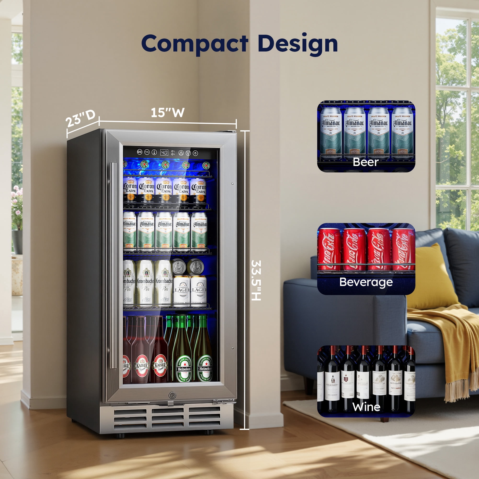 Simzlife 15" Built-in Beverage Refrigerator, 130 Cans Beverage Cooler, Under Counter Beer Fridge  for Soda, Water, Wine for Kitchen, Bar or Office