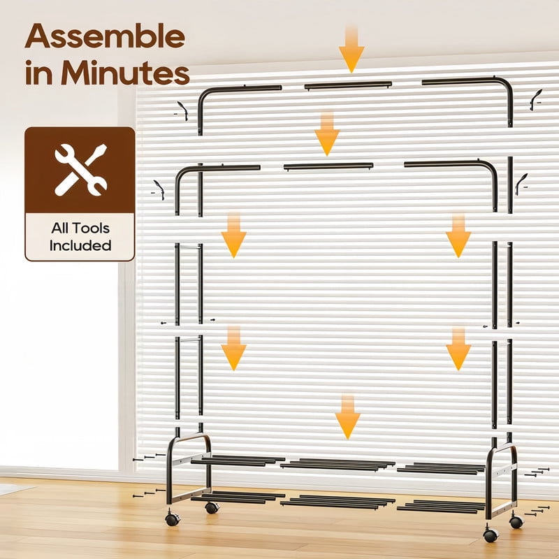 Double-Bar Metal Clothes Hanging Rack, Rolling Storage Shelf with Lockable Universal Wheel, Freestanding Garment Rack
