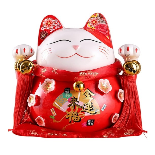 Hucha de la suerte con forma de gato (1 unidad), estatua decorativa, bonita, Feng Shui, cerámica, estilo japonés/chino Rojo 8.5 pulgadas