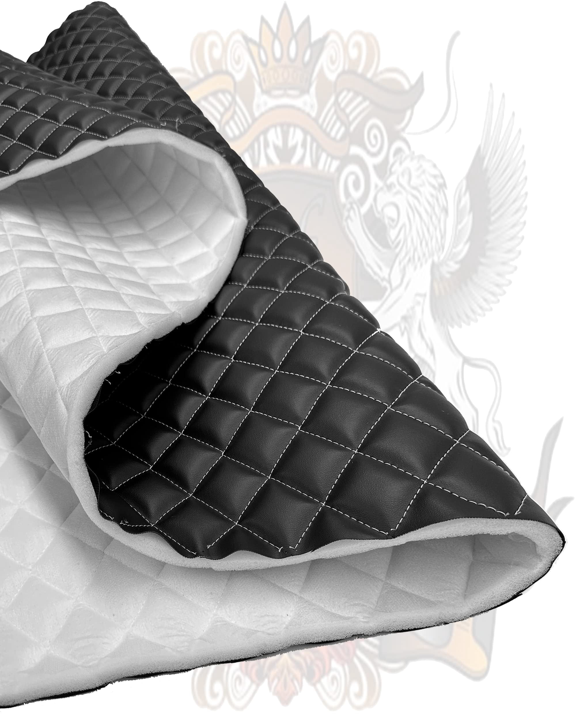 Quilted Padded Vinyl Fabric w 3/8" Foam Backing Smooth Grain Texture 2"x2" Diamond Upholstery /52" Wide/Sold by The Yard - Bar Stool, Restaurant Booth, Wall Panel, Wainscoting (Black, White Thread)