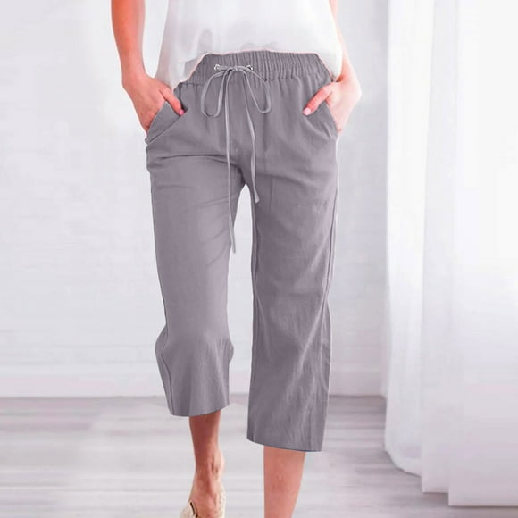CFLVAEK Pantalon Capri pour Femmes en Coton et Lin avec Cordon, Jambe Droite et Grand, Pantalon de Plage Ample Uni, Pantalon de Sortie, Taille Élastique Ample, Poussoirs à Pédales