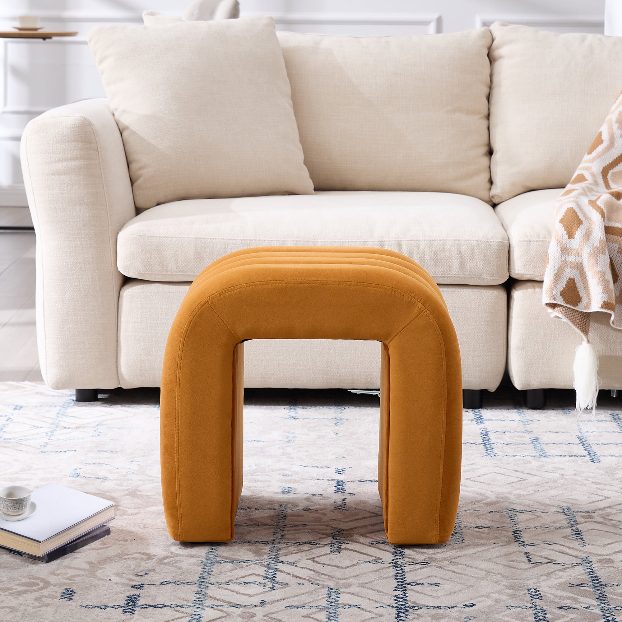 Zesthouse Multi-Functional Ottoman Stool, Tufted Velvet Foot Stools Ottoman for Couch, Modern Vanity Stool for Living Room, Bedroom and Entryway, Orange