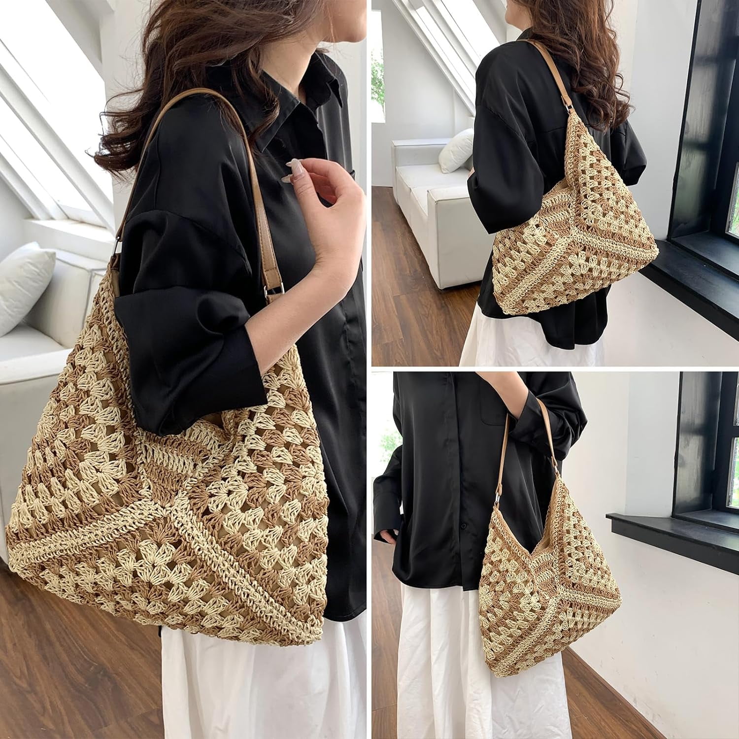 BURIBURI Straw Bags for Women, Summer Straw Purse Crochet Beach Bag Tote Bag Aesthetic Trendy Straw Shoulder Handbags