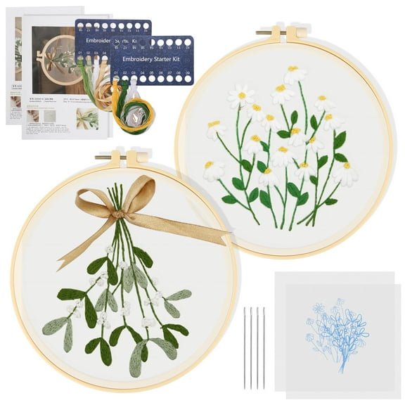 Embroidery Kit for Beginners, EEEkit 2 Set Cross Stitch Starter Sewing with Plant Pattern and Hoop