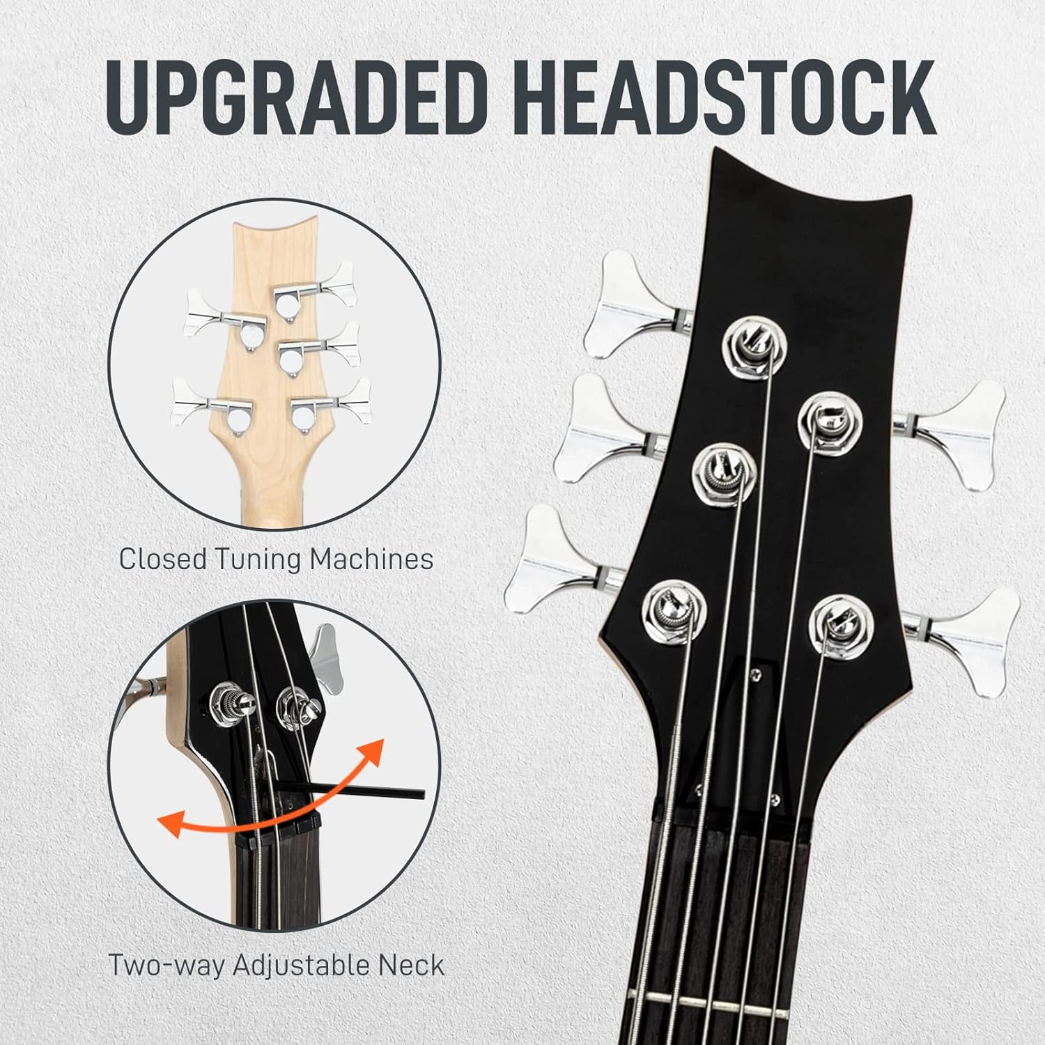 HarmonyStrings 5 String Electric Bass Guitar, Full Size Standard Right Handed Rosewood Fretboard Bass Kit with Gig Bag Strap Cable Wrench Tool Sunset Classic