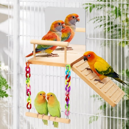Multi-Function Wooden Bird Play Stand with Swing Perch & Shatterproof Mirror, Easy Mount Cage Toy for Small Parrots and Tiny Rodents