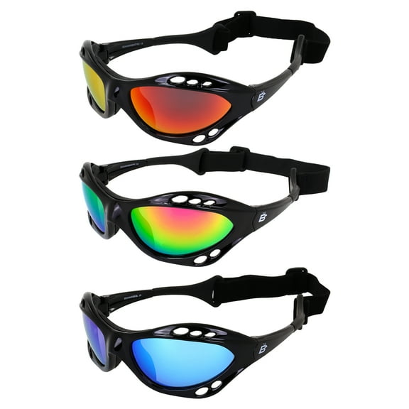 Birdz Eyewear Seahawk Padded Polarized Sunglasses w/Strap Water Sports Surfing Kayaking Jetski  Black Frame w/Red Pink & Green Mirror Lenses