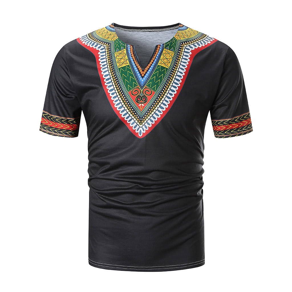 Mens Summer Casual African Print V Neck Pullover Short Sleeve T-shirt Top Blouse 