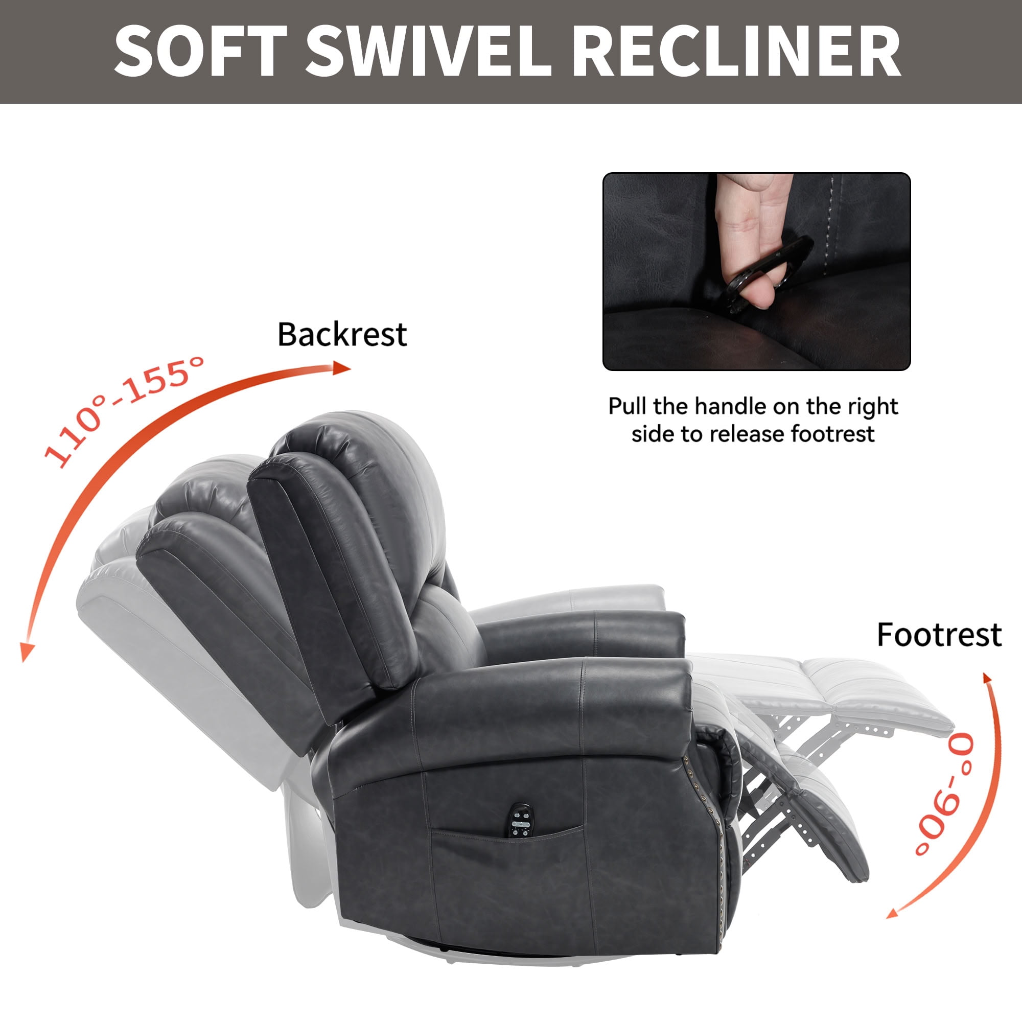 MAYEERTY 360 Degree Swivel Rocker Recliner Chair, Leather Manual Recline Glider Armchair with 8-Point Vibration Massage & Lumbar Heat, 350 LBS Capacity for Living Room Home Theater