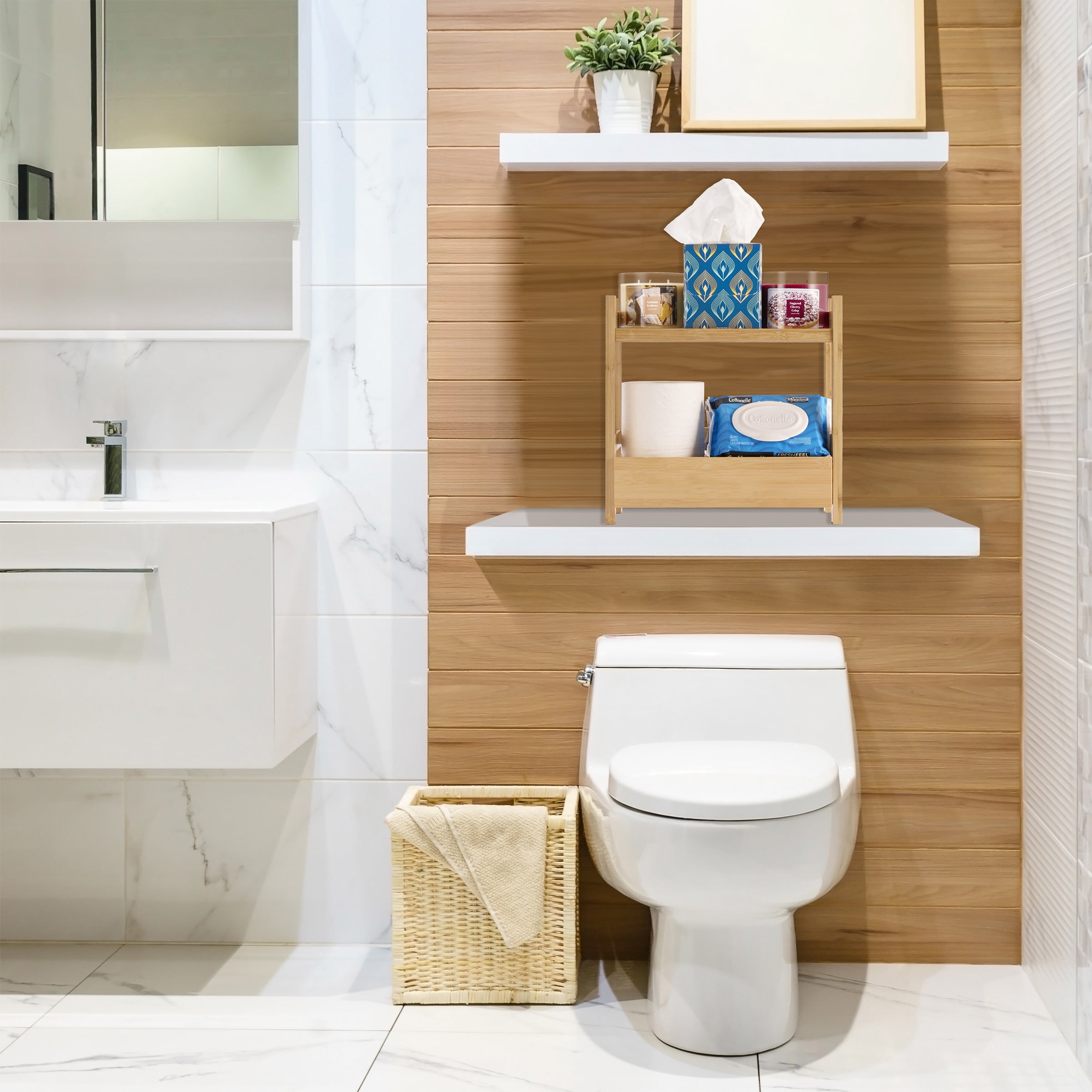 Sorbus 2-Tier Bamboo Shelf with Hidden Drawer - Bathroom Storage